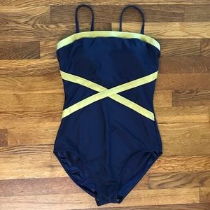 Vintage 80s Boston Proper Navy & Gold One Piece Tummy Thinner Swimsuit Size 12